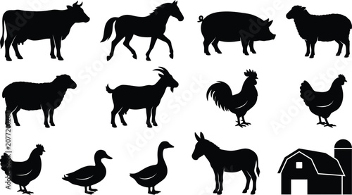 Foto Farm animals and barn silhouettes set, including cow, horse, pig, sheep, goat, rooster, chicken, duck, goose, and donkey