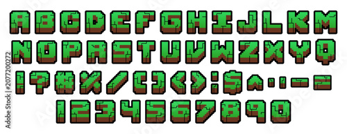Grass pixel alphabet, retro arcade typeface, vector illustrations, isolated on transparent background.