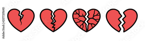 Schilderij op canvas Broken heart icon set in red and black outline, symbolizing heartbreak, sadness, and pain