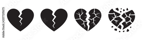 Tableau sur toile Broken heart icon set in black, symbolizing heartbreak, sadness, and pain