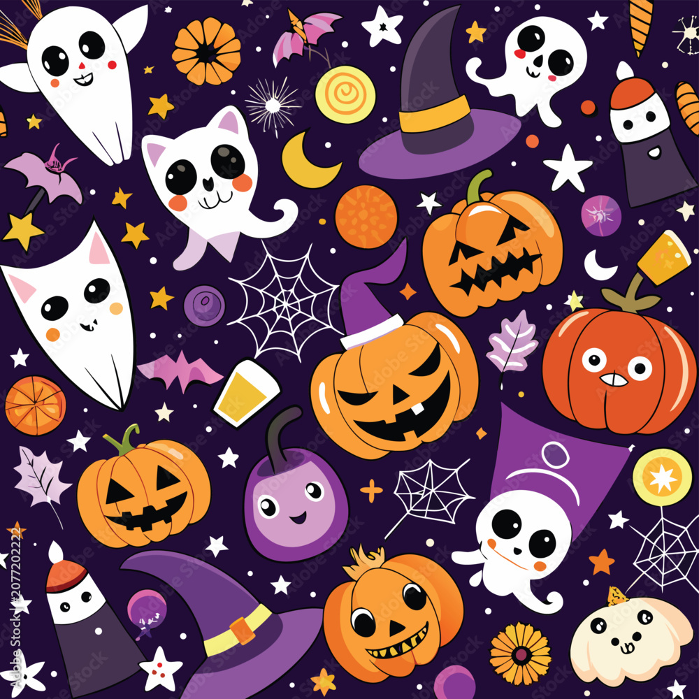 Fototapeta premium Cute Halloween Characters and Symbols in a Flat Vector Illustration Style