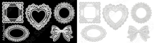 White lace doilies with heart bow square oval round shapes on png background