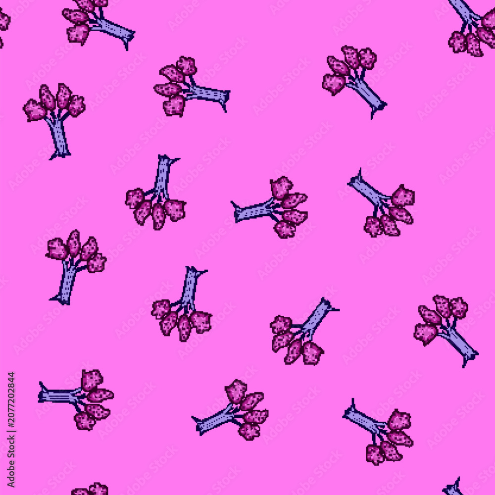 Obraz premium seamless pattern Cartoon fantasy tree with a textured purple trunk and vibrant pink foliage, featuring small dark spots, creating a whimsical and enchanting natural element for creative designs