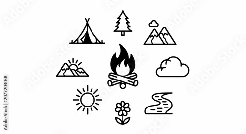 Camping Wilderness Survival Icons Set.