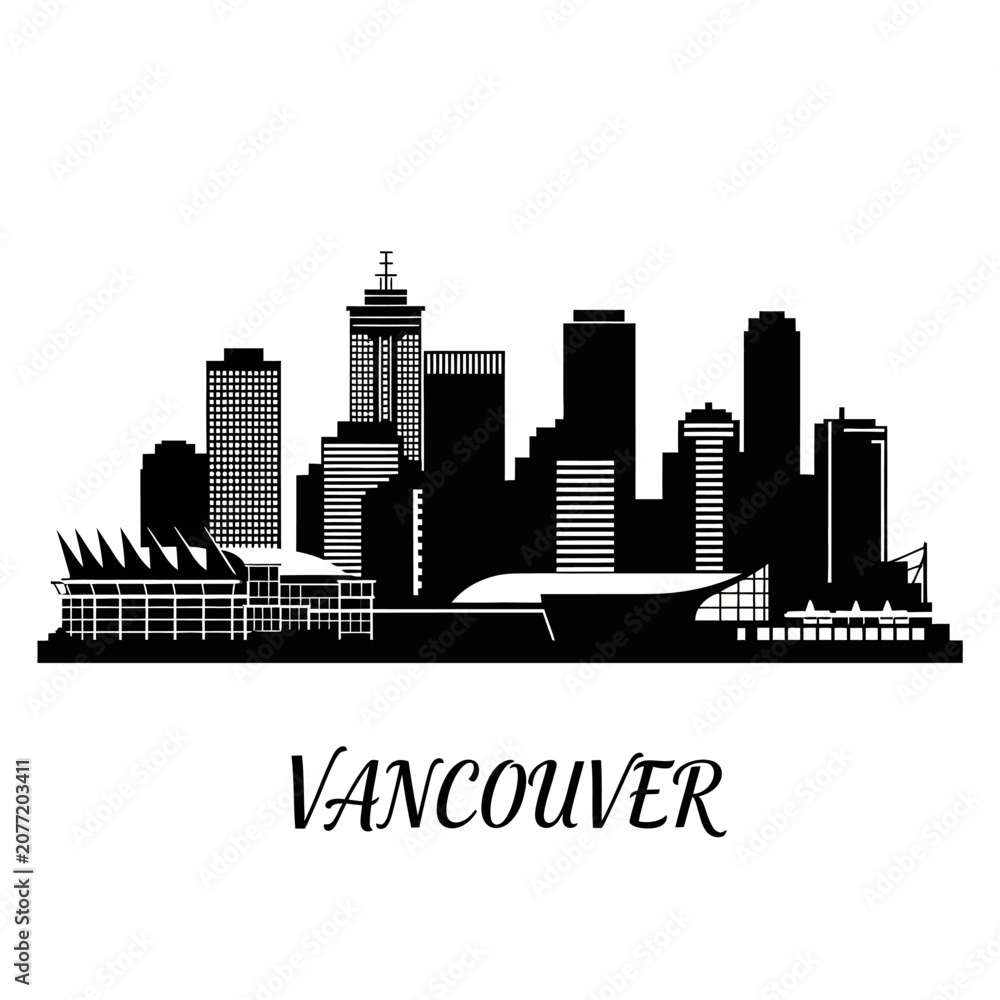 Naklejka premium Vancouver City Skyline Silhouette - Black and White Vector Illustration