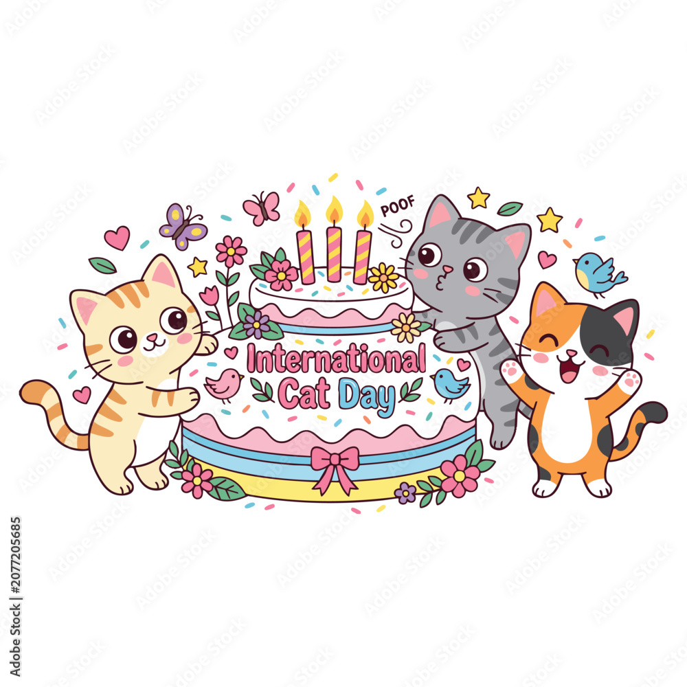 Fototapeta premium Cute cats celebrating international cat day with cake 