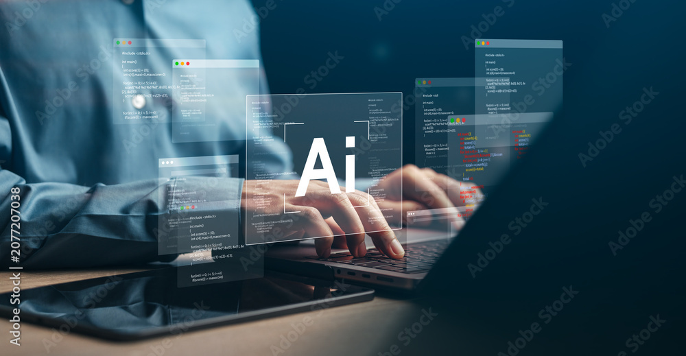 Cuadro en lienzo Businessman developing software with artificial intelligence, AI agent and programming code technology on laptop concept