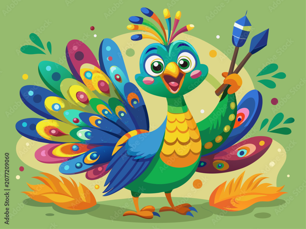 Fototapeta premium happy-peacock-painting-colorful-feathers-with-a-br.svg
