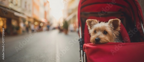 A dog enjoying a stroll in a pet stroller.