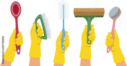 Tableau sur toile Hands in Yellow Rubber Gloves Holding Various Household Cleaning Brushes and Squ