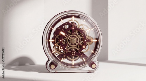 Modern transparent skeleton clock, intricate visible gears and mechanisms, elegant desk timepiece, contemporary home decor accessory, luxury timekeeping device.