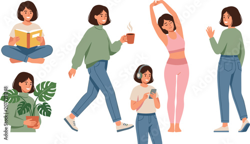 Schilderij op canvas Happy Young Woman Character Set with Daily Routine Activities Including Reading