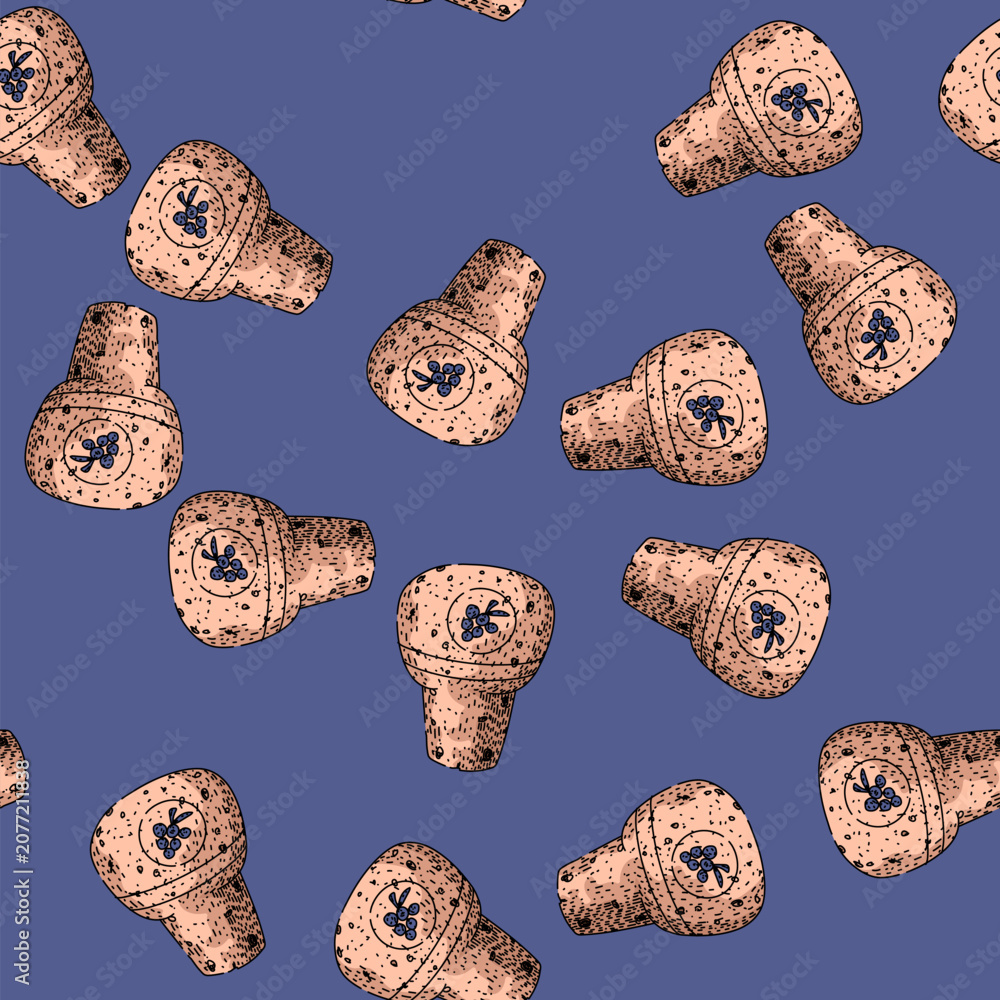 Fototapeta premium pattern Wine cork stopper showcasing a detailed grape cluster on its top, depicting the essence of winemaking and classic beverage sealing in a stylized hand drawn illustration