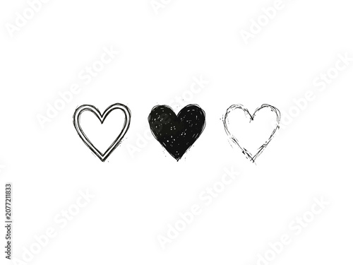Set of three hand drawn heart icons, sketch style heart shapes, romantic symbols for design
