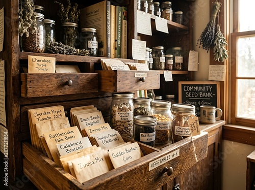 Rustic wooden seed bank shelves with labeled jars.