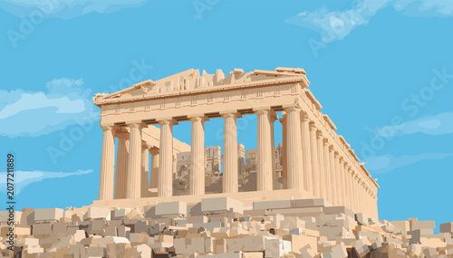 Fotografie The Parthenon, an ancient Greek temple on the Athenian Acropolis, stands majestically against a clear blue sky, surrounded by ruins