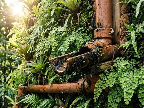 Rusty pipes among lush green ferns and moss.