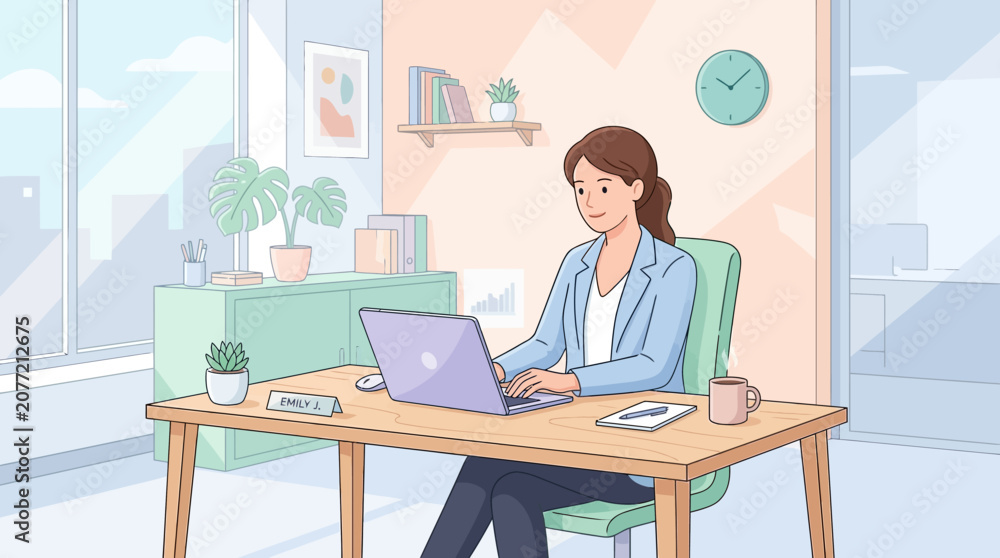Fototapeta premium Woman working at desk in modern office, using laptop