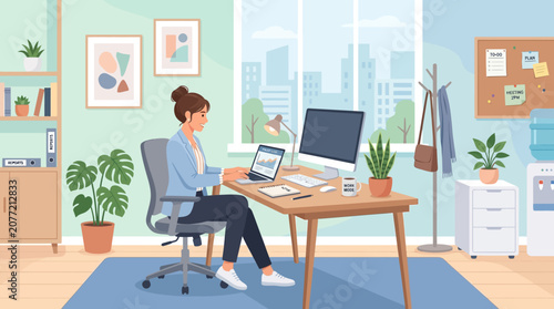 Woman working at home office desk with computer, laptop and plants