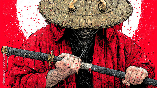 Samurai warrior holding a katana sword wearing a woven straw hat against a red background