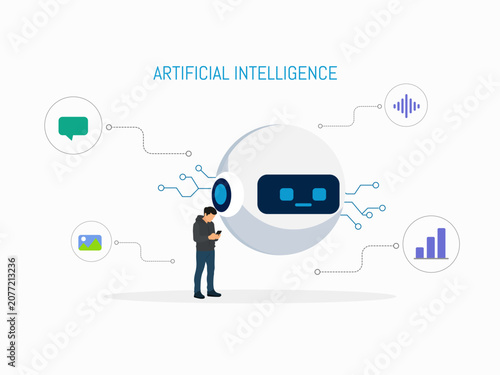 Artificial Intelligence Concept with AI Assistant for Text Image Audio and Data Analysis Vector Illustration