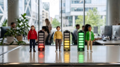 three small human-like figurines standing next to vertical battery indicators with different charge levels