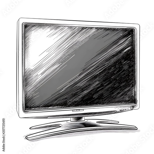 Pencil sketch of a modern flat screen television with a stand isolated on white background