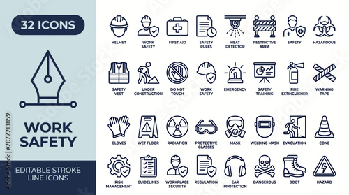 Fotografía Work safety line icon set
