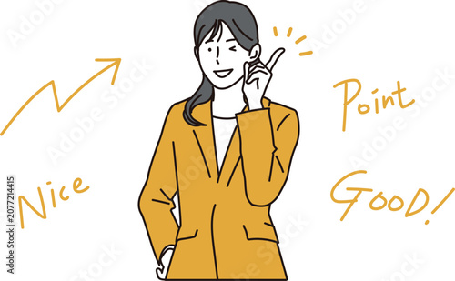 ウインクして上を指さすスーツの女性のビジネスパーソン