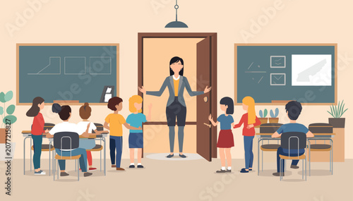 Photos A teacher welcomes students into a brightly lit classroom with chalkboards and desks
