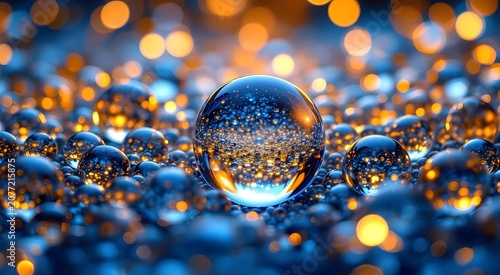 Abstract Macro Photography of Transparent Glass Spheres with Amber and Cobalt Blue Caustic Light Patterns, Infinite Depth Bokeh Background