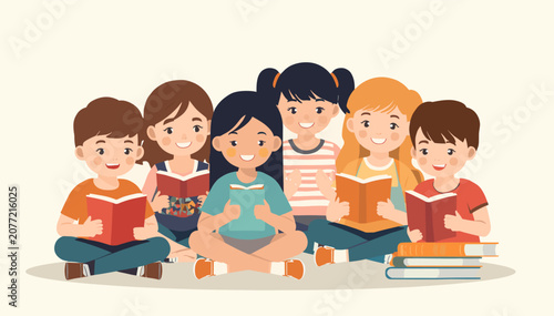 Φωτογραφία A diverse group of smiling children sitting cross-legged on the floor, engrossed in reading colorful books, symbolizing education and childhood joy