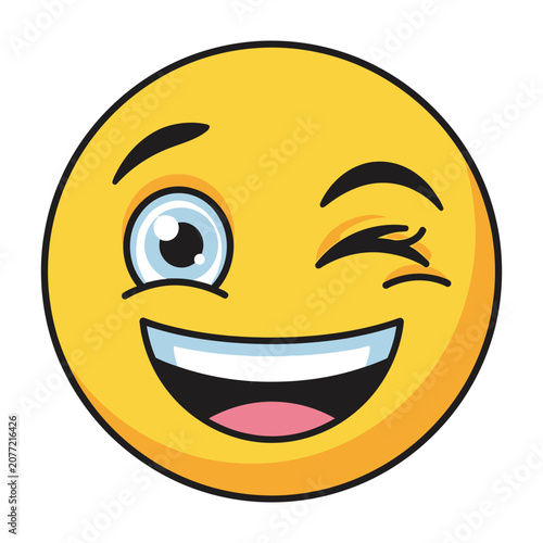 Bild auf Leinwand Yellow Winking Face Emoji Showing A Wide Happy Smile On A Plain White Background