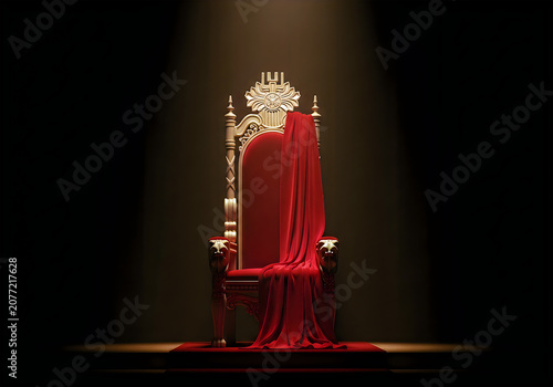 Royal golden throne with red velvet drapes in dark setting