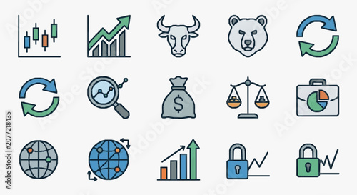 Creative Set of Colorful Financial and Investment Icons Featuring Bull Bear Charts Locks and Global Elements