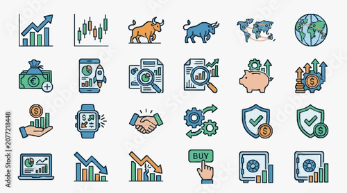 Corporate Financial Growth and Investment Concepts Illustrated with Colorful Icons and Symbols with high quality professional line art symbols for modern creative design and digital branding projects