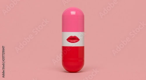 a pill with lips in a kiss pose; lipstick pharmaceutical concept