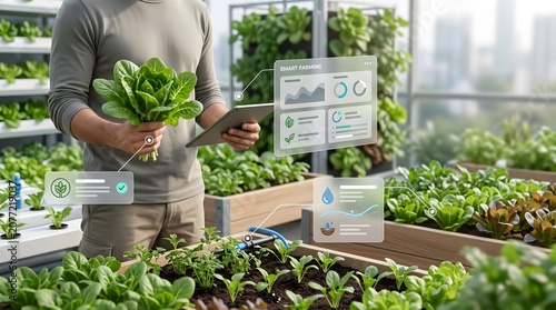 Farmer using tablet in smart greenhouse with augmented reality data overlays
