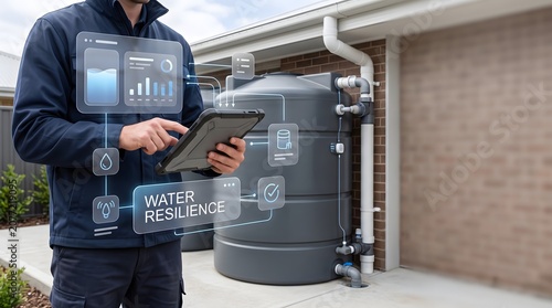 Technician monitoring water resilience system with tablet near rain barrel