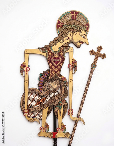 Sacred Heart of Jesus in Traditional Javanese Wayang Kulit Shadow Puppet Style Isolated on White Background