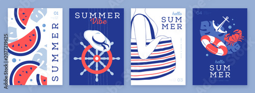 Foto Set of summer striped sea vacation posters or covers