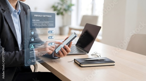 Person managing privacy settings on futuristic interface with smartphone