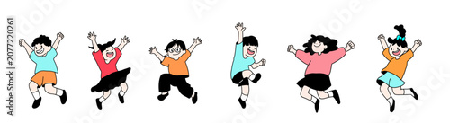 Hand-drawn cute children jumping happily vector illustration