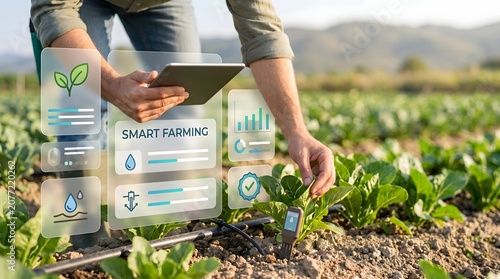 Farmer using tablet for smart farming with digital interface showing crop data