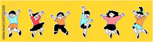 Happy jumping kids sticker set hand-drawn vector