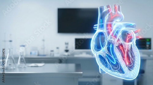 Translucent heart model showing blood flow direction