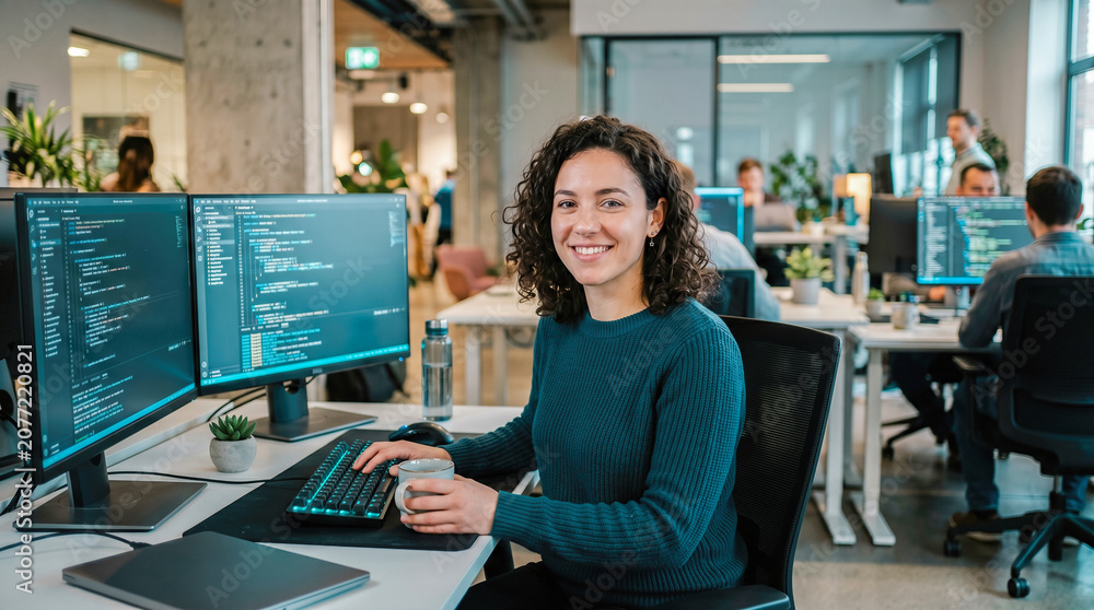 Obraz premium Smiling professional female software developer looking toward camera while typing computer code upon dual monitors inside modern open busy corporate workspace environment
