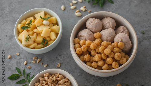 Bowls with baby food on grey background.