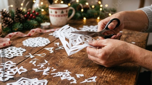 Handmade Paper Snowflakes On Wooden Table