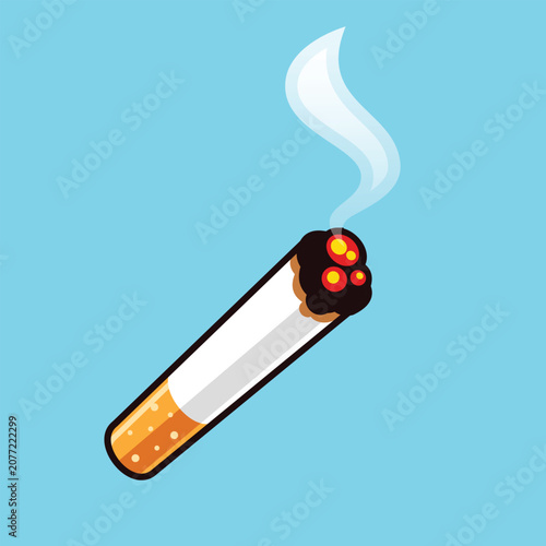 Simple flat vector illustration of a burning cigarette with smoke. Cartoon style tobacco icon isolated for health, smoking, addiction, warning, infographic, web, and educational design.